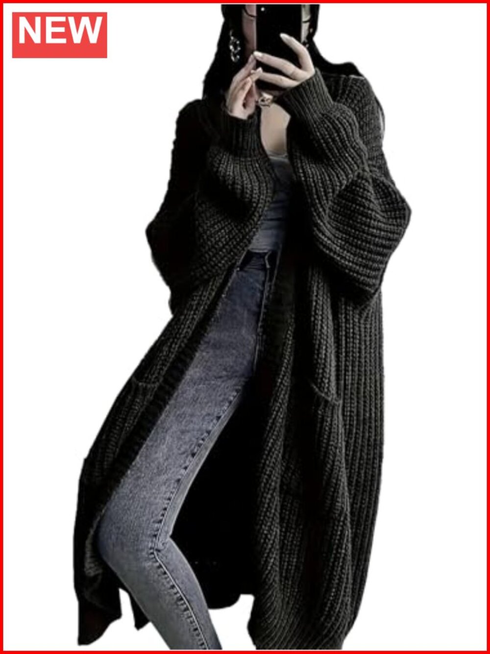 Women's Plus Size Oversized Long Cardigan Chunky Knit Open Front Duster Pockets